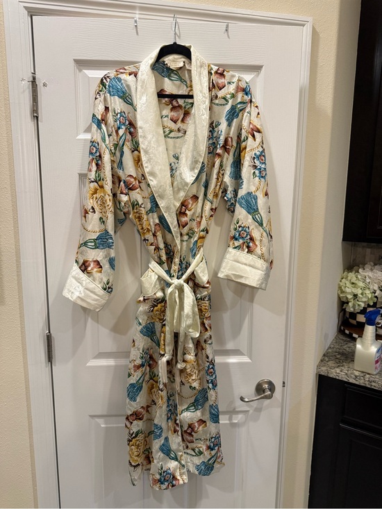 Victoria's Secret Other - Vintage Victoria's Secret Cream Floral Satin Robe with Teal & Gold Accents